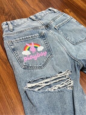 PLAYBOY Light Blue Distressed Jeans with Rainbow Pocket Embroidery